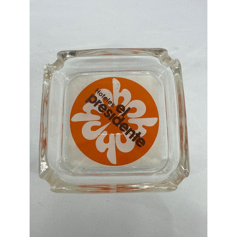 Hoteles El Presidente Glass Ashtray Vintage Orange Flower Logo Collectible MCM